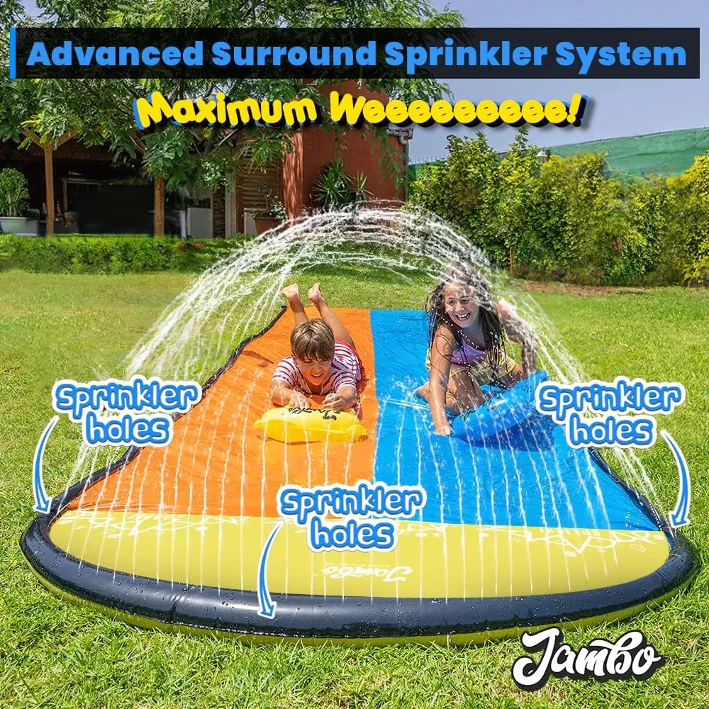 JAMBO XL Premium 20Ft Slip Splash and Slide with 2 Bodyboards, Heavy Duty Water Slide with Advanced 3-Way Water Sprinkler System, Backyard Waterslide, Splash Mat, Outdoor Water Toys n Slides for Kids