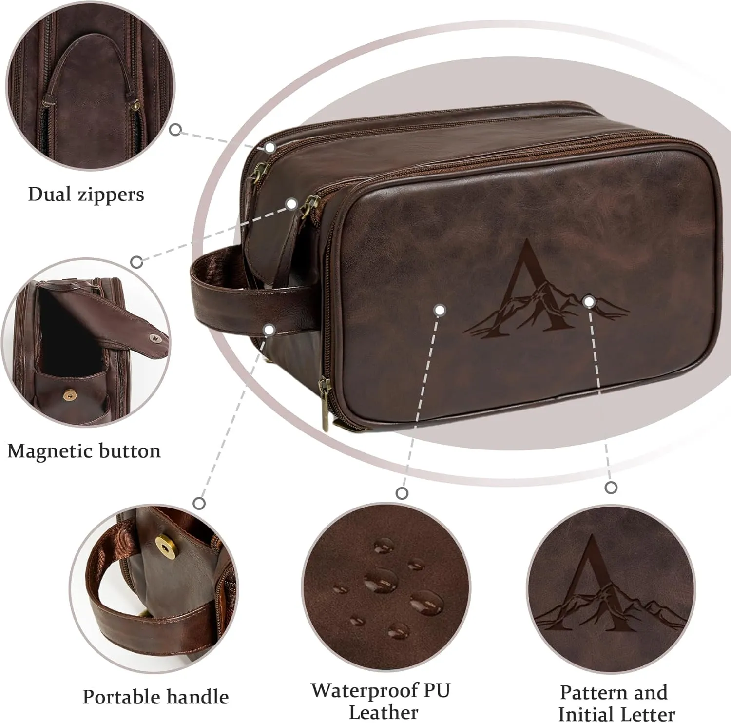 Janhavi Shaving Bag for Men Travel Waterproof, Engraved Initials & Mountain, Make Up Bag,Groomsmen Gifts, Mens Toiletry Travel Bag, Men's Accessories Organizer, Gifts for Him(Dark Brown M)