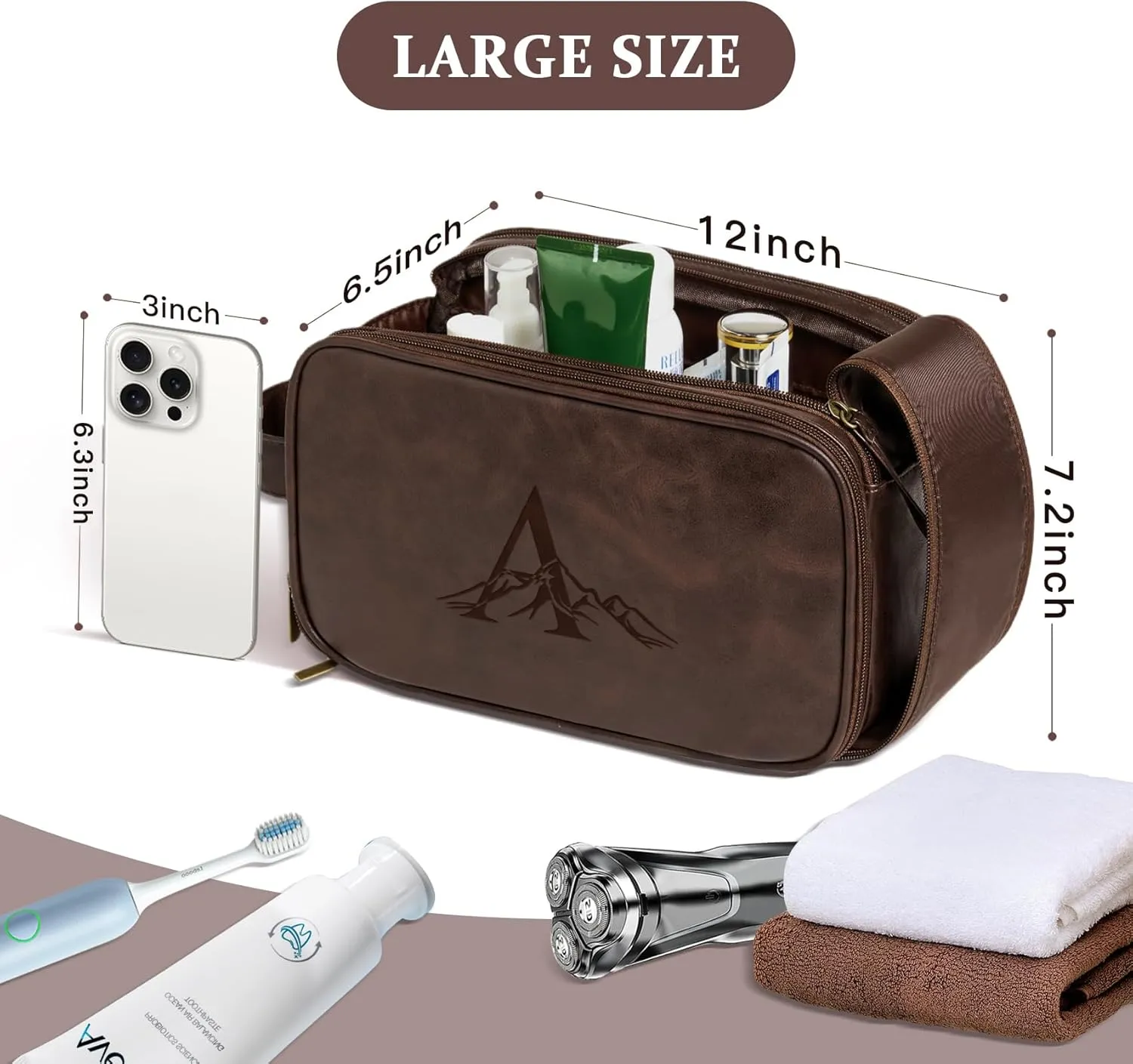 Janhavi Shaving Bag for Men Travel Waterproof, Engraved Initials & Mountain, Make Up Bag,Groomsmen Gifts, Mens Toiletry Travel Bag, Men's Accessories Organizer, Gifts for Him(Dark Brown M)