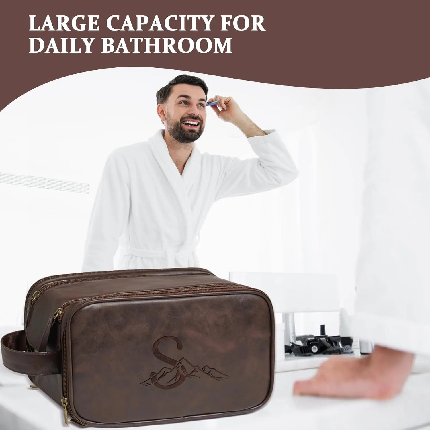 Janhavi Shaving Bag for Men Travel Waterproof, Engraved Initials & Mountain, Make Up Bag,Groomsmen Gifts, Mens Toiletry Travel Bag, Men's Accessories Organizer, Gifts for Him(Dark Brown M)