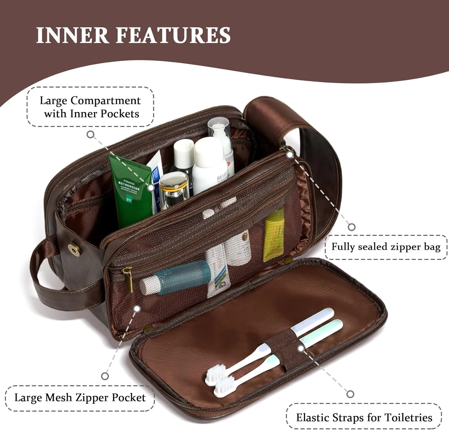 Janhavi Shaving Bag for Men Travel Waterproof, Engraved Initials & Mountain, Make Up Bag,Groomsmen Gifts, Mens Toiletry Travel Bag, Men's Accessories Organizer, Gifts for Him(Dark Brown M)