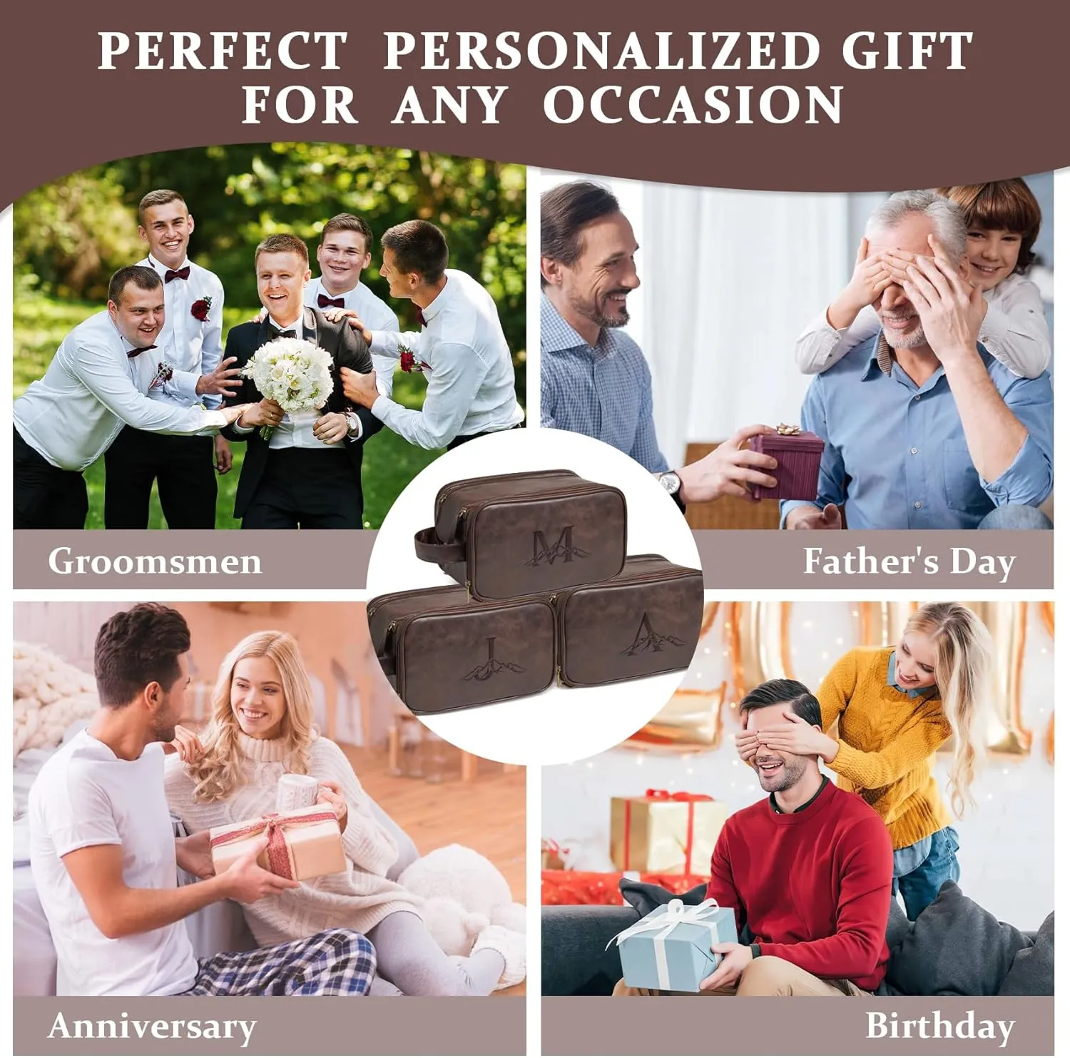 Janhavi Shaving Bag for Men Travel Waterproof, Engraved Initials & Mountain, Make Up Bag,Groomsmen Gifts, Mens Toiletry Travel Bag, Men's Accessories Organizer, Gifts for Him(Dark Brown M)