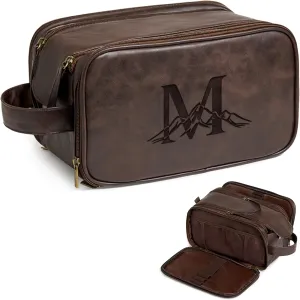 Janhavi Shaving Bag for Men Travel Waterproof, Engraved Initials & Mountain, Make Up Bag,Groomsmen Gifts, Mens Toiletry Travel Bag, Men's Accessories Organizer, Gifts for Him(Dark Brown M)