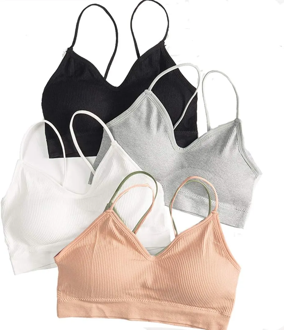 KCDDUMK 4 Pieces Cami Bras - Women's V-Neck Padded Seamless Straps Bralette Everyday Basic Sleeping Bra