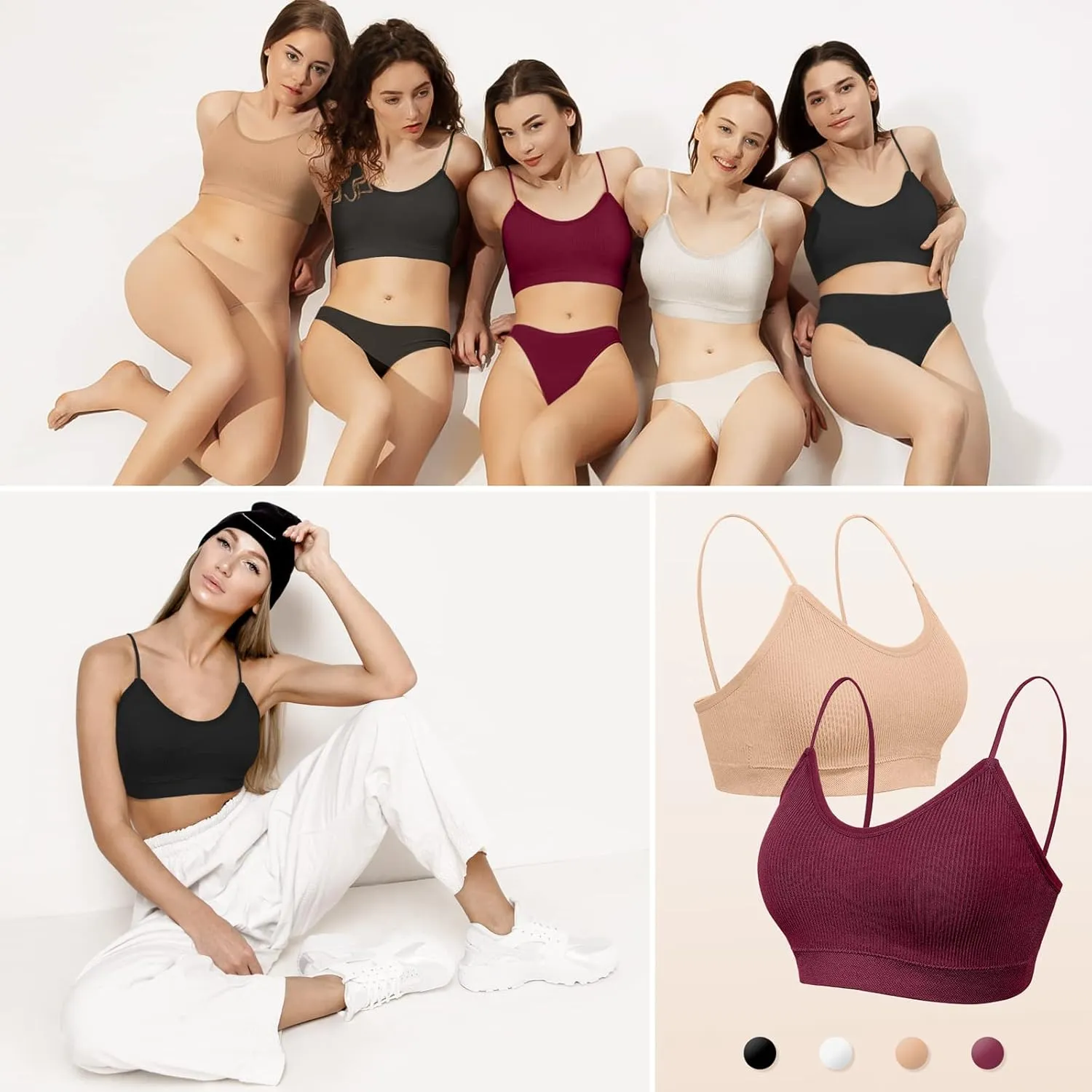 KCDDUMK 4 Pieces Cami Bras - Women's V-Neck Padded Seamless Straps Bralette Everyday Basic Sleeping Bra