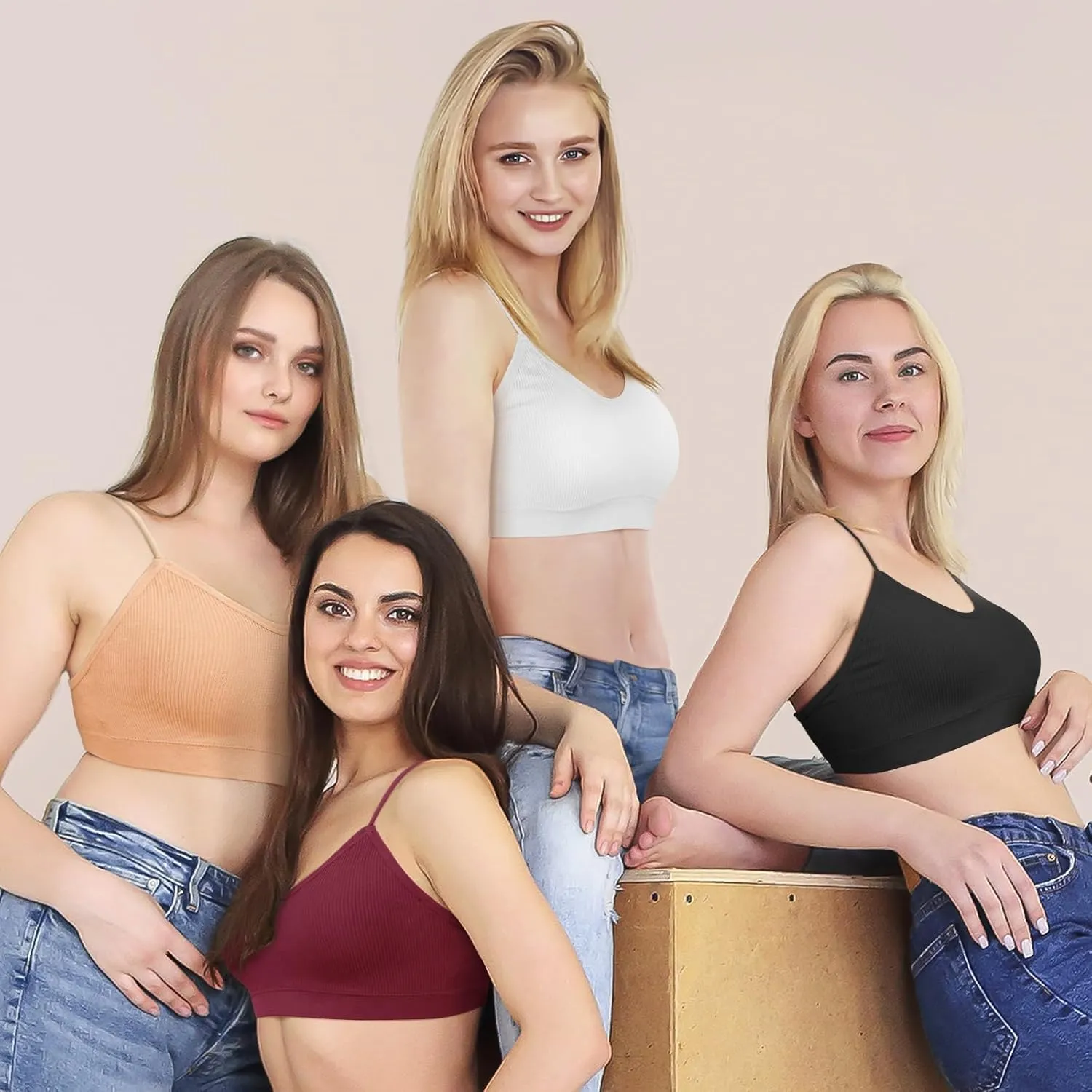 KCDDUMK 4 Pieces Cami Bras - Women's V-Neck Padded Seamless Straps Bralette Everyday Basic Sleeping Bra