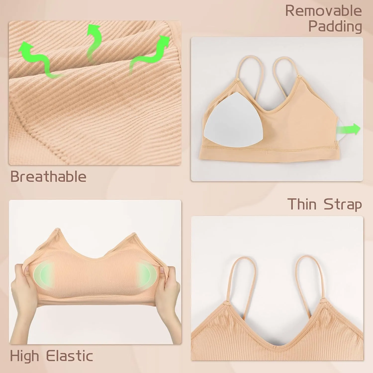KCDDUMK 4 Pieces Cami Bras - Women's V-Neck Padded Seamless Straps Bralette Everyday Basic Sleeping Bra