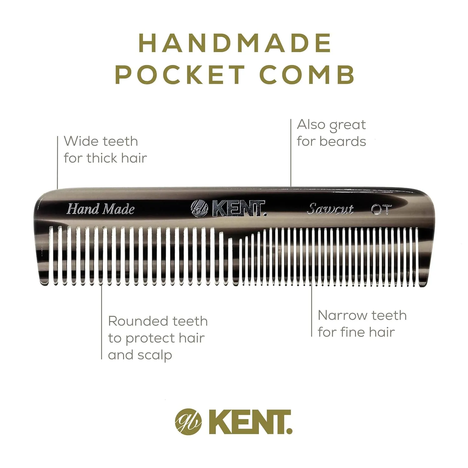 Kent OT G Pocket Comb - Handmade Fine and Wide Tooth Hair Comb for Men, Women, and Kids - Travel, Beard, and Mustache Comb - Saw Cut and Hand Polished Made in England