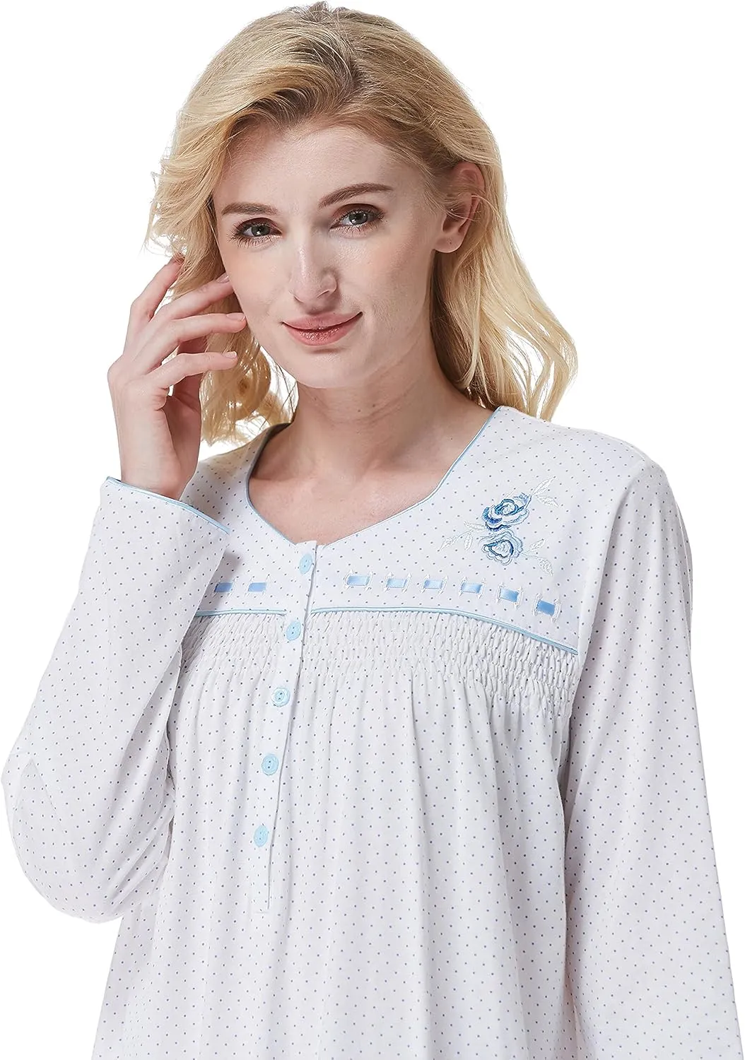 Keyocean Nightgowns for Women, Soft Cotton Comfy Lightweight Embroidered Long-sleeve Nightdress