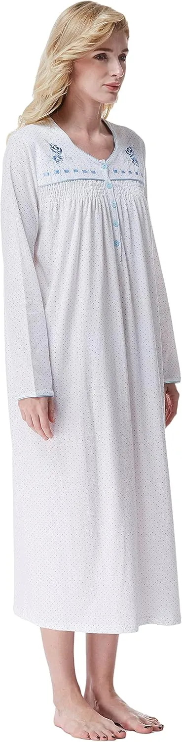 Keyocean Nightgowns for Women, Soft Cotton Comfy Lightweight Embroidered Long-sleeve Nightdress