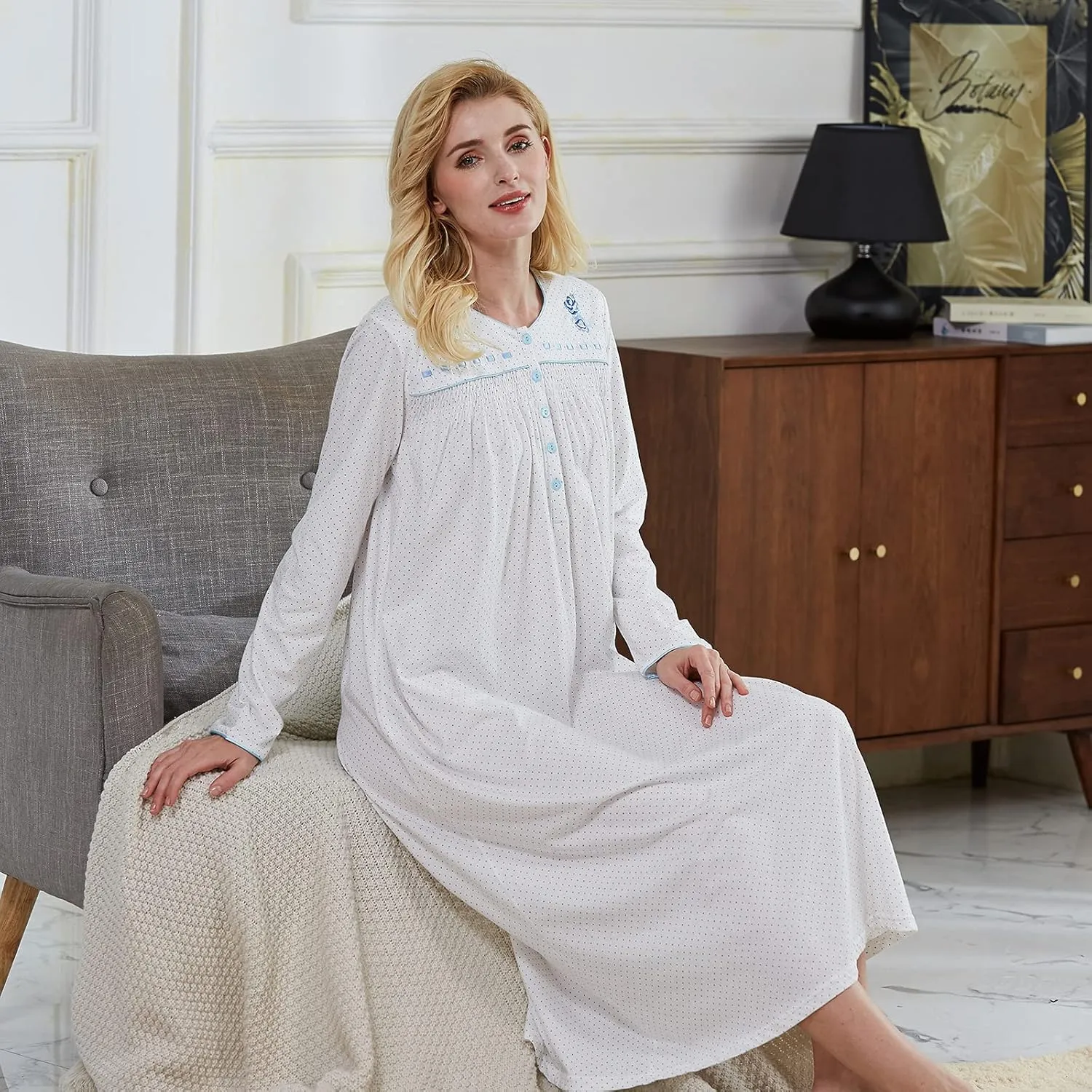 Keyocean Nightgowns for Women, Soft Cotton Comfy Lightweight Embroidered Long-sleeve Nightdress