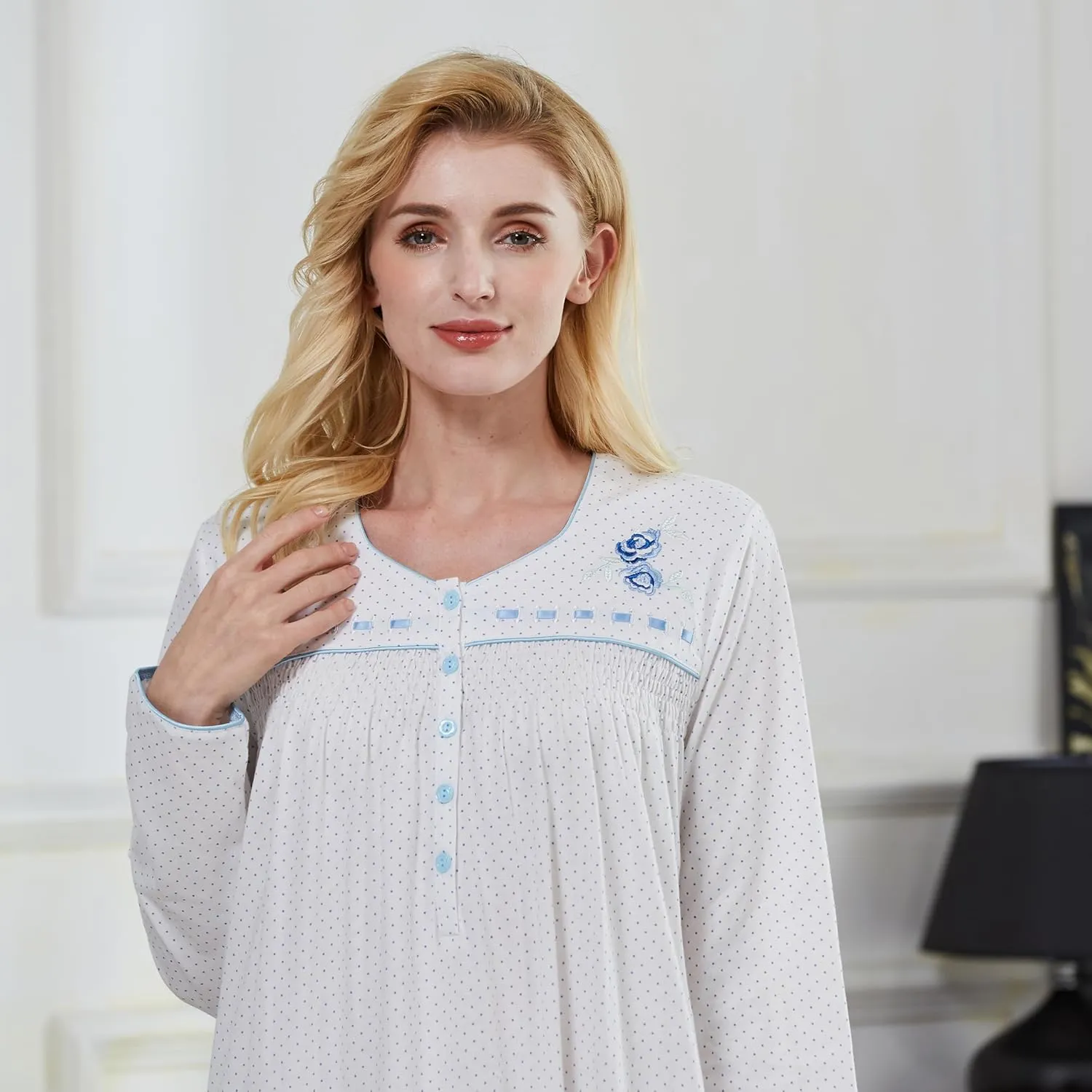 Keyocean Nightgowns for Women, Soft Cotton Comfy Lightweight Embroidered Long-sleeve Nightdress