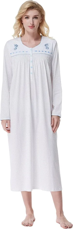Keyocean Nightgowns for Women, Soft Cotton Comfy Lightweight Embroidered Long-sleeve Nightdress