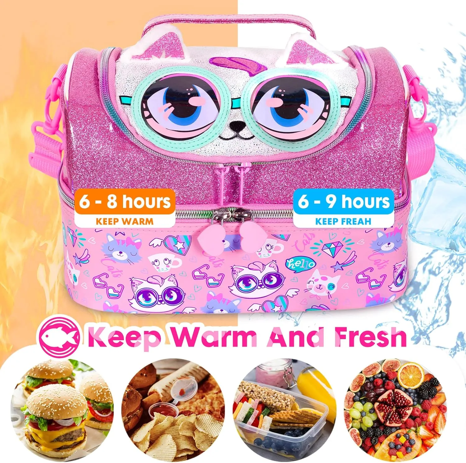 Kids Double Decker Cooler Insulated Lunch Bag, Back to School Large Meal Tote for Boys, Girls, Men, Women, with Adjustable Strap, Cat