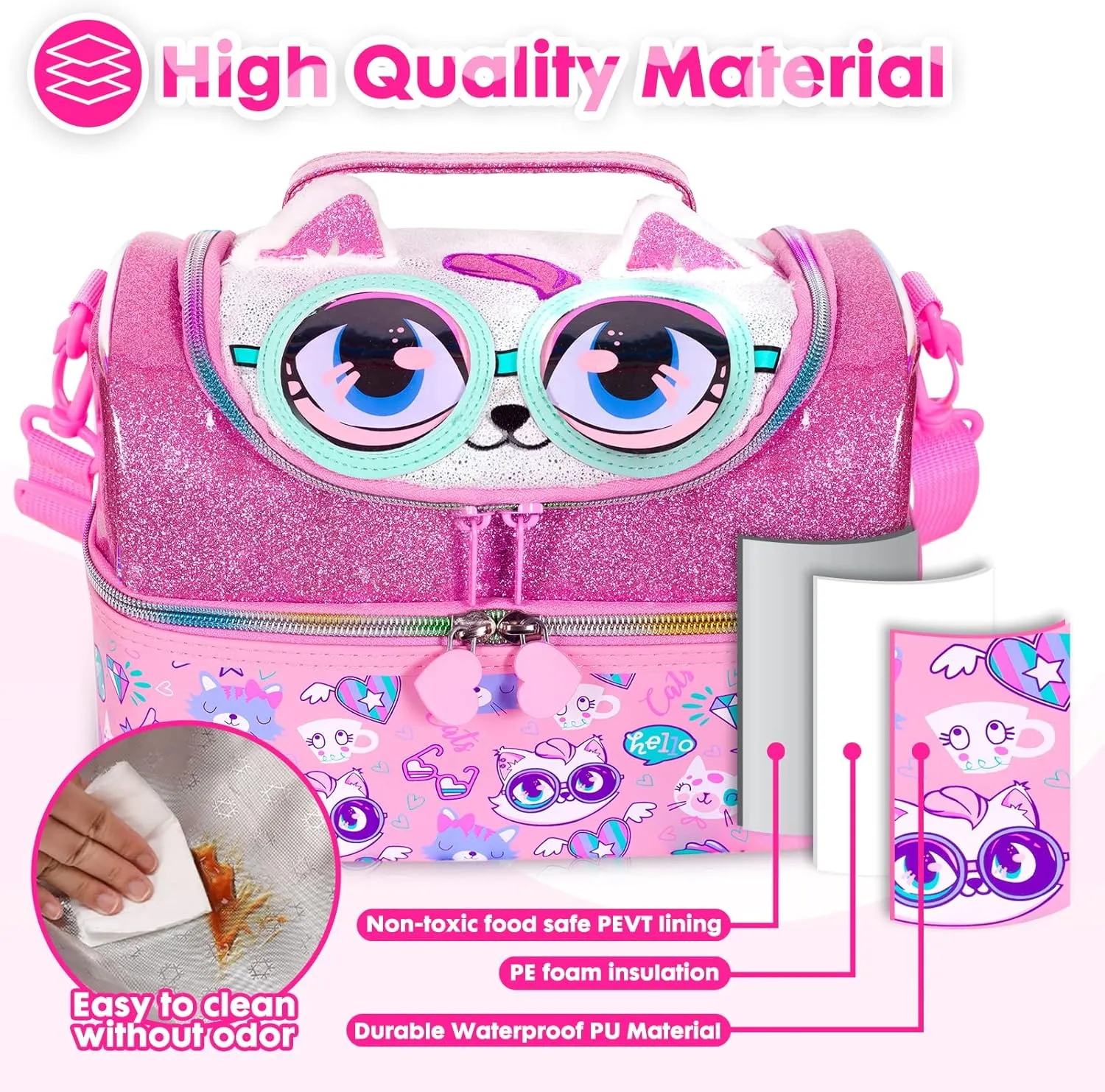 Kids Double Decker Cooler Insulated Lunch Bag, Back to School Large Meal Tote for Boys, Girls, Men, Women, with Adjustable Strap, Cat
