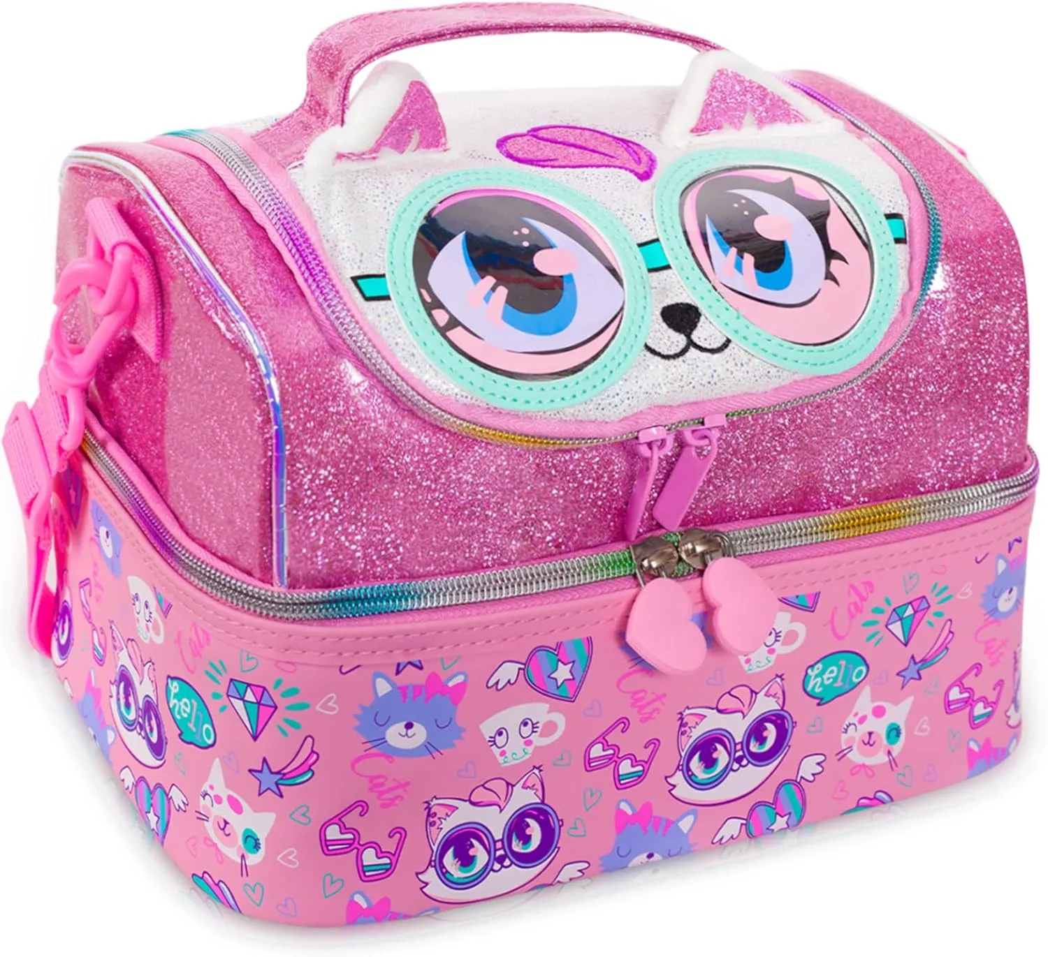 Kids Double Decker Cooler Insulated Lunch Bag, Back to School Large Meal Tote for Boys, Girls, Men, Women, with Adjustable Strap, Cat