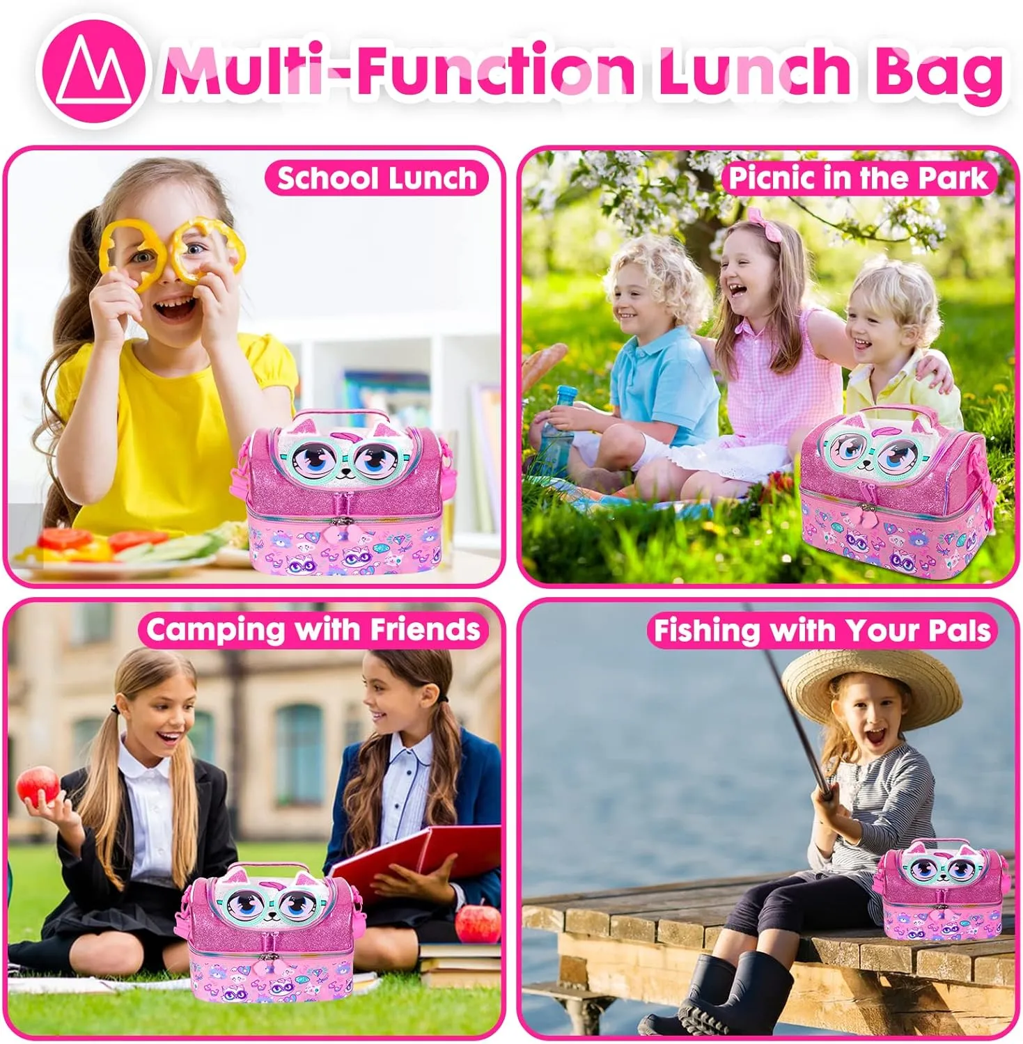 Kids Double Decker Cooler Insulated Lunch Bag, Back to School Large Meal Tote for Boys, Girls, Men, Women, with Adjustable Strap, Cat