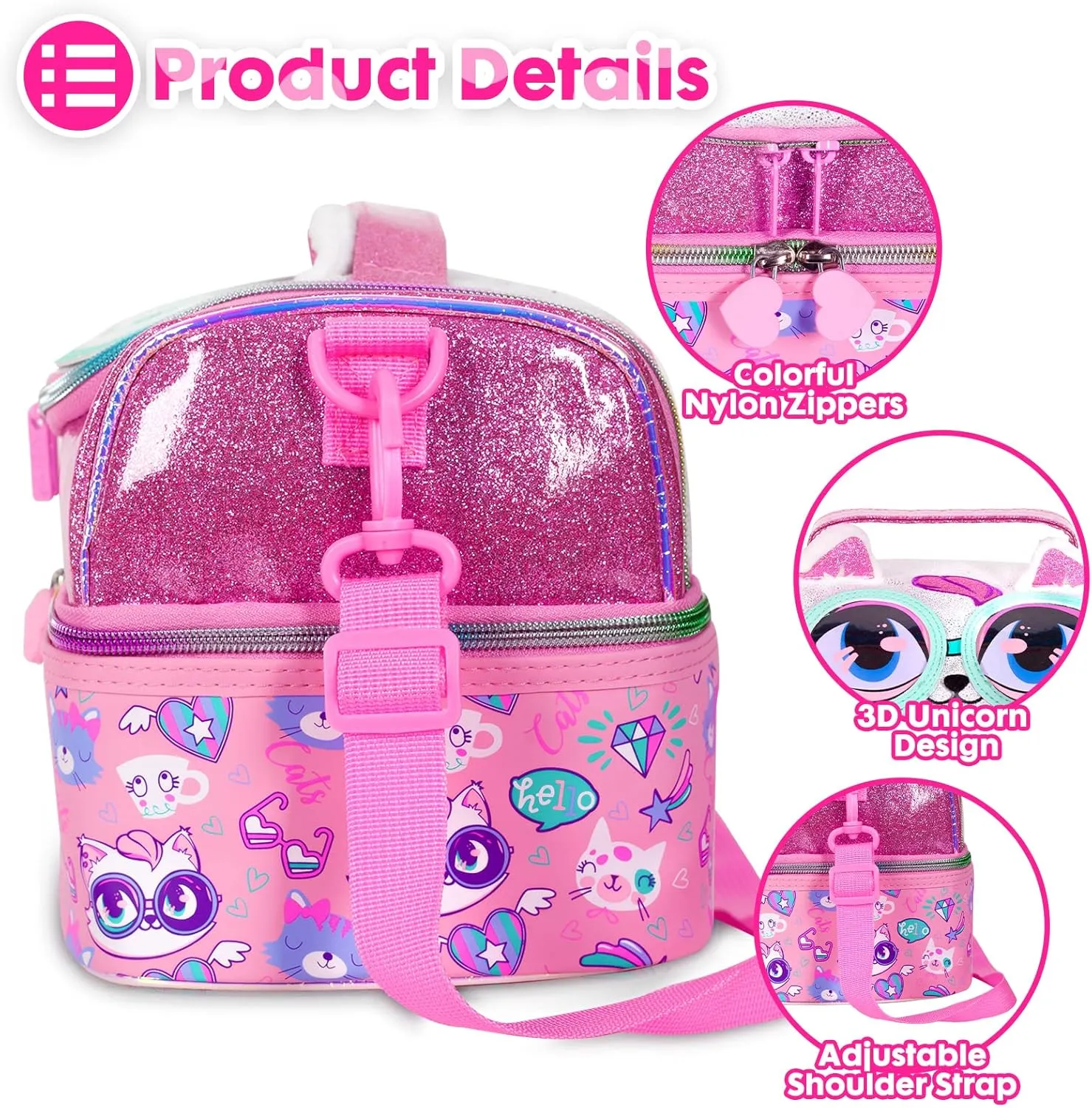 Kids Double Decker Cooler Insulated Lunch Bag, Back to School Large Meal Tote for Boys, Girls, Men, Women, with Adjustable Strap, Cat
