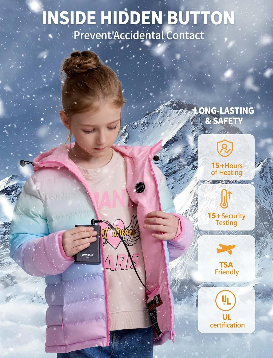 Kids Heated Jacket with Battery Pack - 7.4V Rechargeable Boys Girls Lightweight Electric Heated Coat Winter