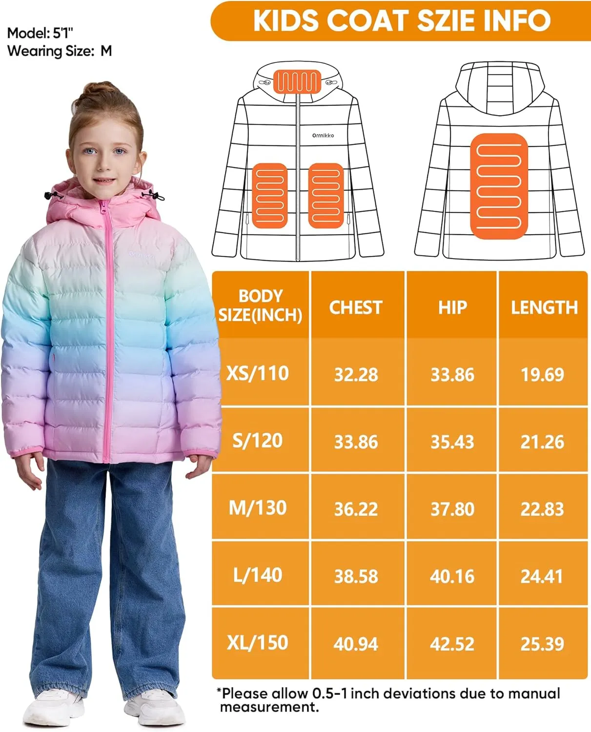 Kids Heated Jacket with Battery Pack - 7.4V Rechargeable Boys Girls Lightweight Electric Heated Coat Winter