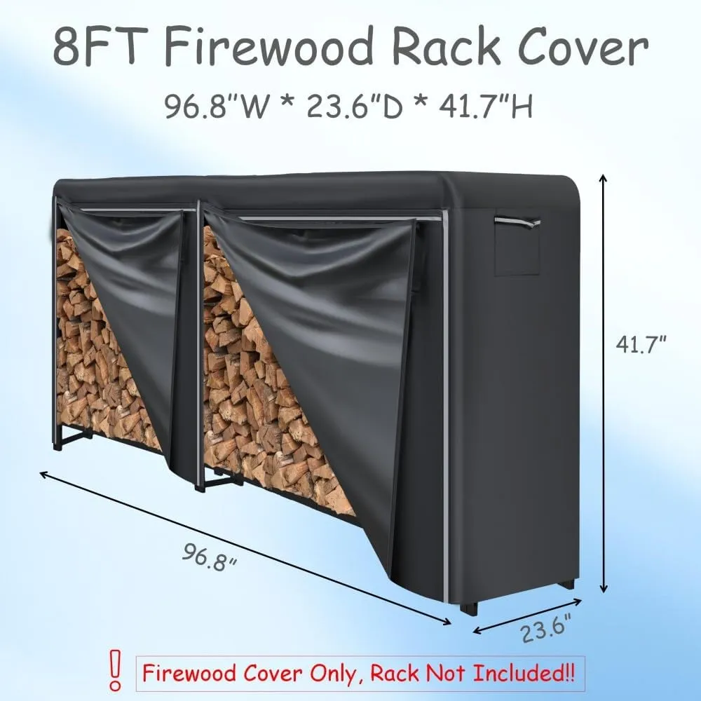 King Mills 8FT Heavy-Duty Firewood Rack Cover - Waterproof Log Holder Cover for Outdoor Wood Storage, UV Protection Tarp, Woodpile Rack for Yard & Patio, 600D Durable Fabric material good for Winter.