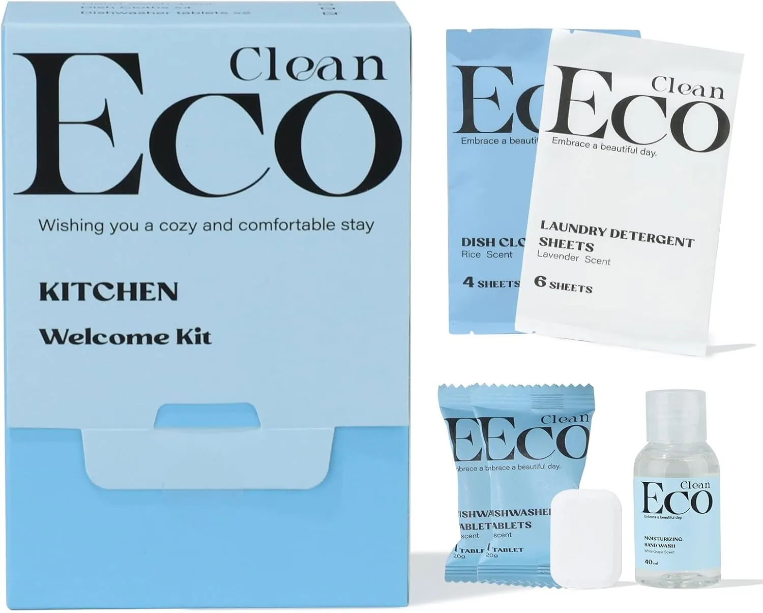 Kitchen Cleaning Kit, 4 Individual Package Cleaning Supplies, Pre-load Dish cloth, Dishwashing Tablets, Laundry Detergent Sheets, Hand Wash. Efficient Convenient & Portable Travel Size(20 Boxes Bulk)