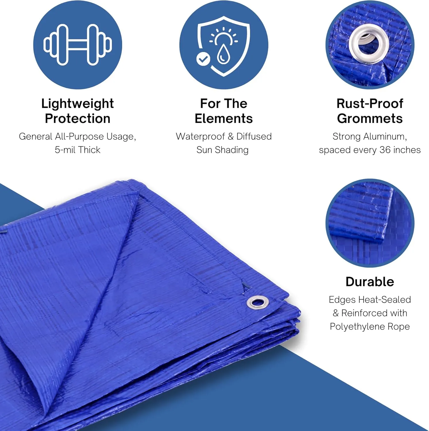Kotap 8 x 10 Ft. All-Purpose Multi-Use Protection/Coverage 5-mil Poly Tarp, Waterproof, Blue, 20-Pack (TRA-0810-20)