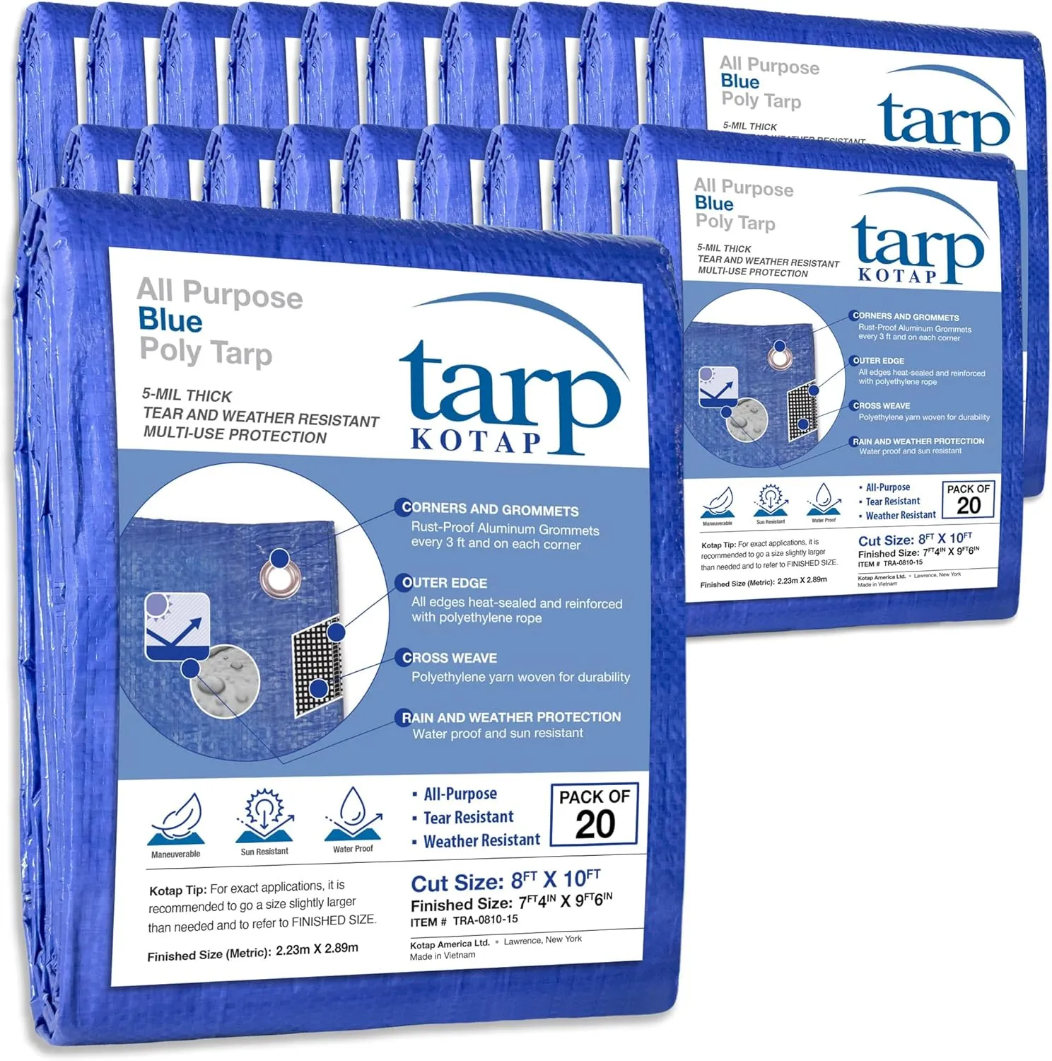 Kotap 8 x 10 Ft. All-Purpose Multi-Use Protection/Coverage 5-mil Poly Tarp, Waterproof, Blue, 20-Pack (TRA-0810-20)