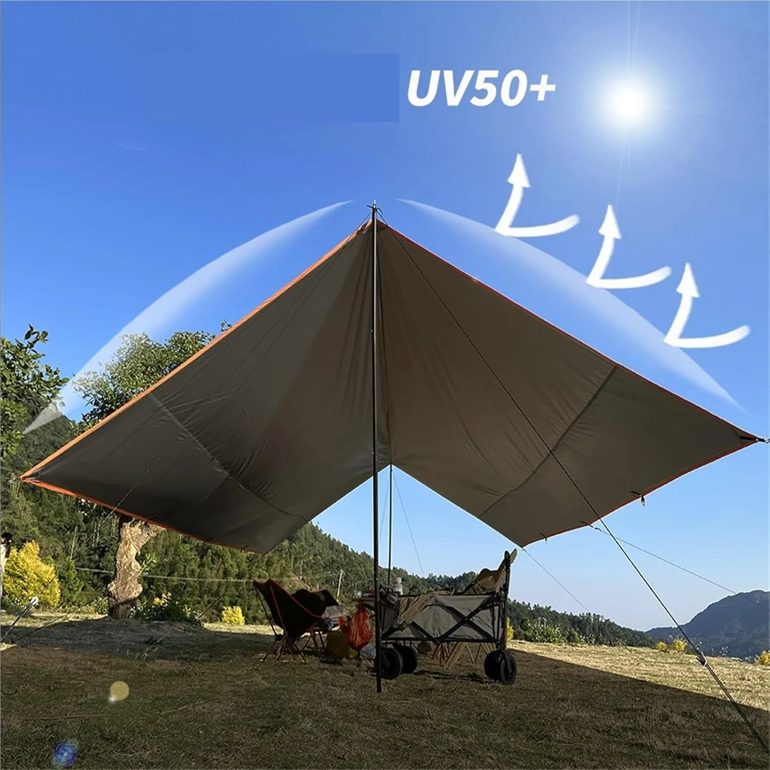 Large Camping Waterproof Tarp Oxford 4X6 Outdoor Canopy Sun Shelter Tent Tourist Awning Shade for Multiple People(Yellow with 2.4m Pole)