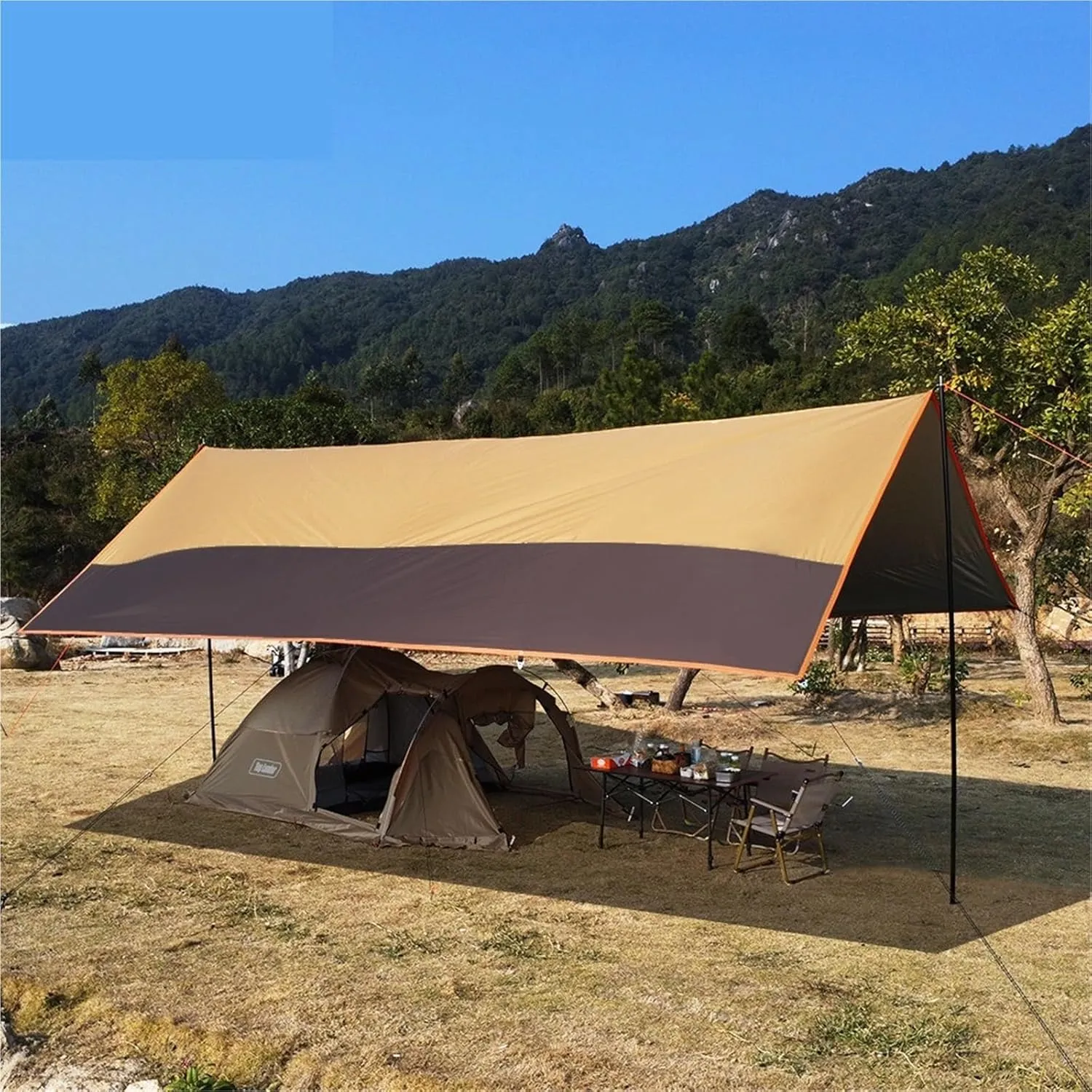 Large Camping Waterproof Tarp Oxford 4X6 Outdoor Canopy Sun Shelter Tent Tourist Awning Shade for Multiple People(Yellow with 2.4m Pole)