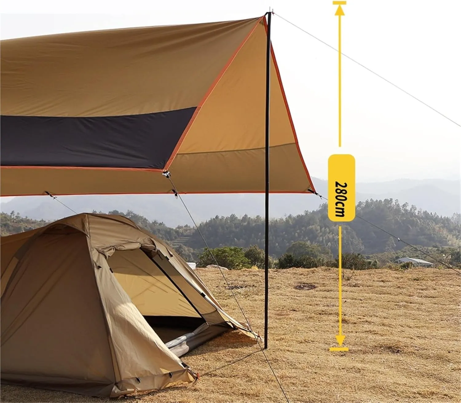 Large Camping Waterproof Tarp Oxford 4X6 Outdoor Canopy Sun Shelter Tent Tourist Awning Shade for Multiple People(Yellow with 2.4m Pole)