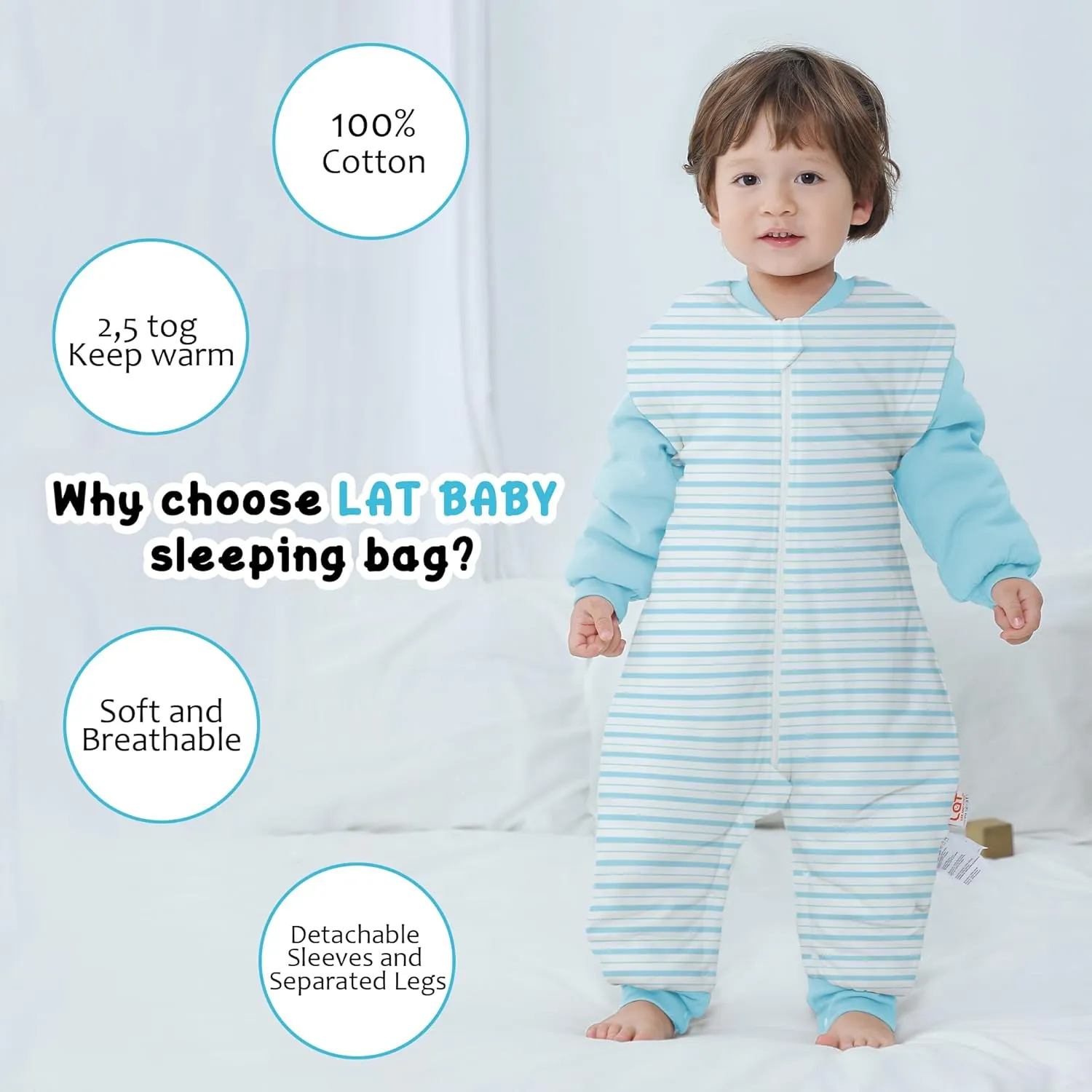 LAT Baby Sleep Bag with Feet Winter, Wearable Blanket, Warm Sack for Toddler Thicken 2.5 TOG-Removable Sleeves