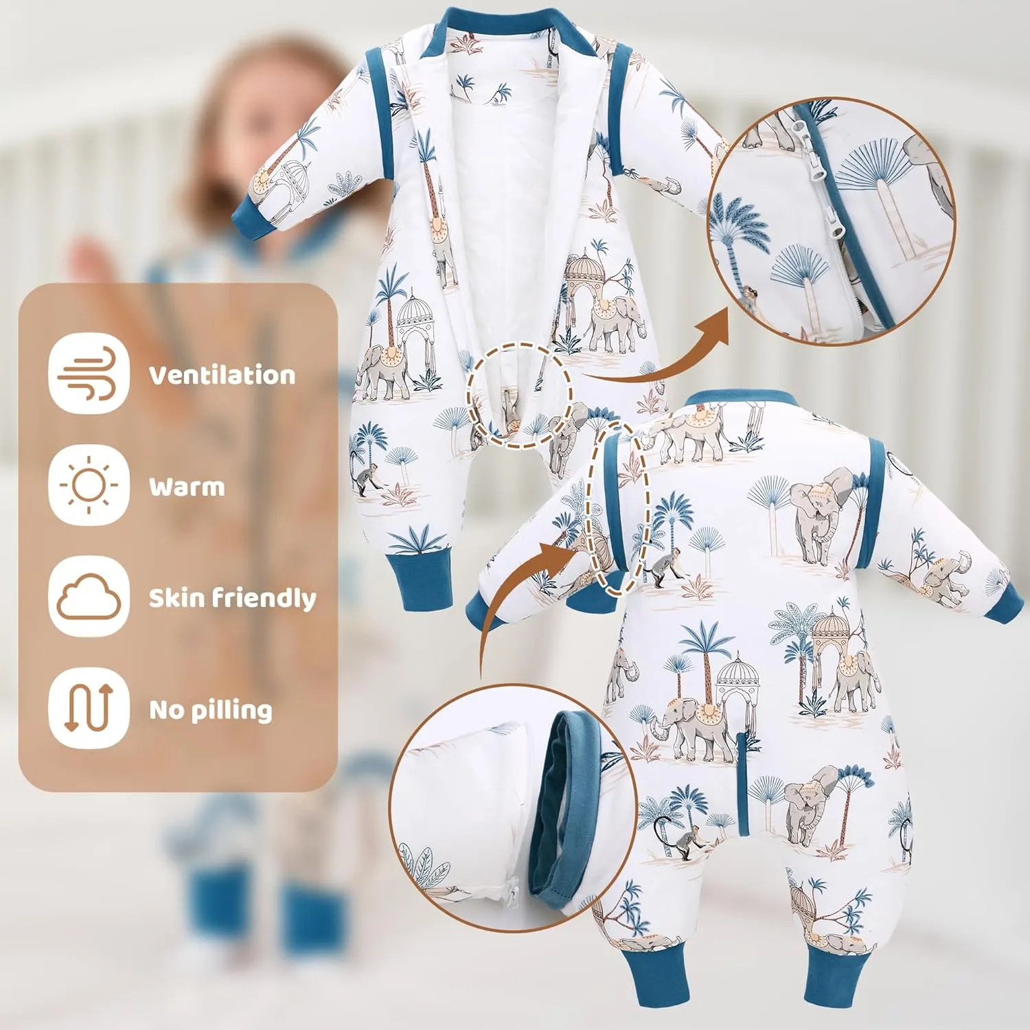 LAT Baby Sleep Bag with Feet Winter,3-way zipper Wearable Blanket,Warm Sack for Toddler Thicken 2.5 TOG-Removable Sleeves