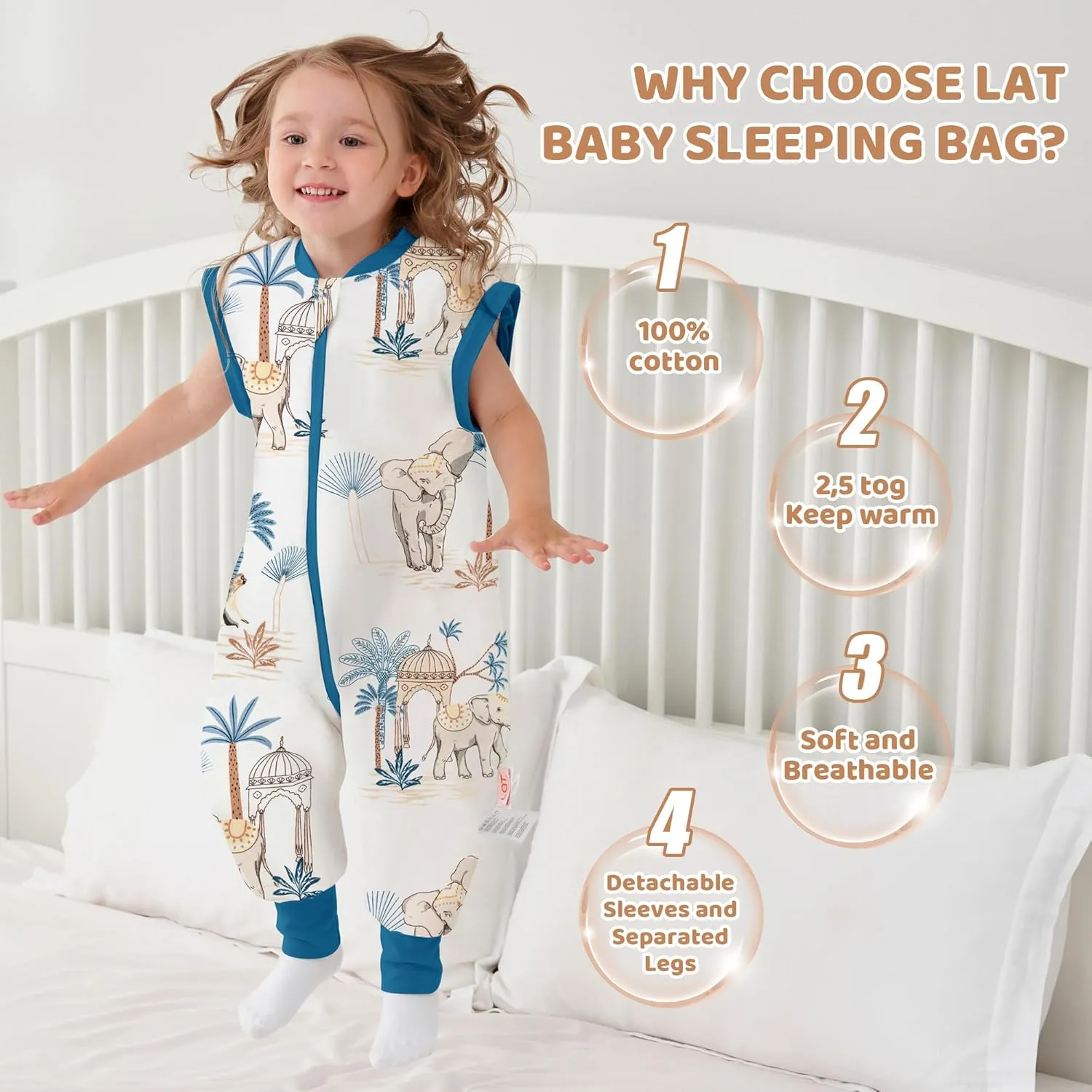 LAT Baby Sleep Bag with Feet Winter,3-way zipper Wearable Blanket,Warm Sack for Toddler Thicken 2.5 TOG-Removable Sleeves