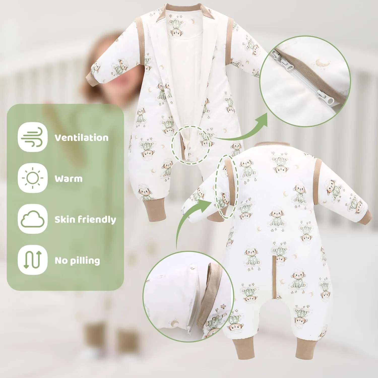 LAT Baby Sleep Bag with Feet Winter,3-way zipper Wearable Blanket,Warm Sack for Toddler Thicken 2.5 TOG-Removable Sleeves