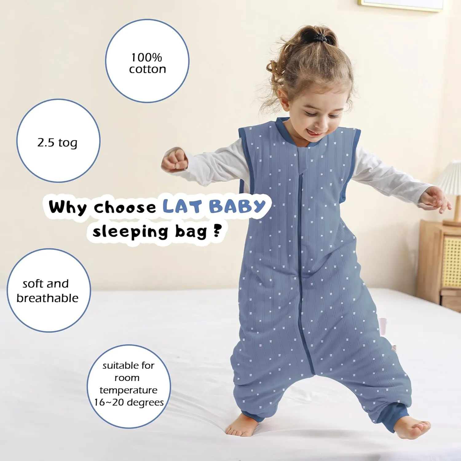 LAT Baby Sleep Bag with Feet Winter,Sleeveless Nightgowns Wearable Blanket with Legs,Warm Sack for Infant Toddler Thicken 2.5 TOG-Sleepsuit,1-6T(Blue White Stripes,S/80)