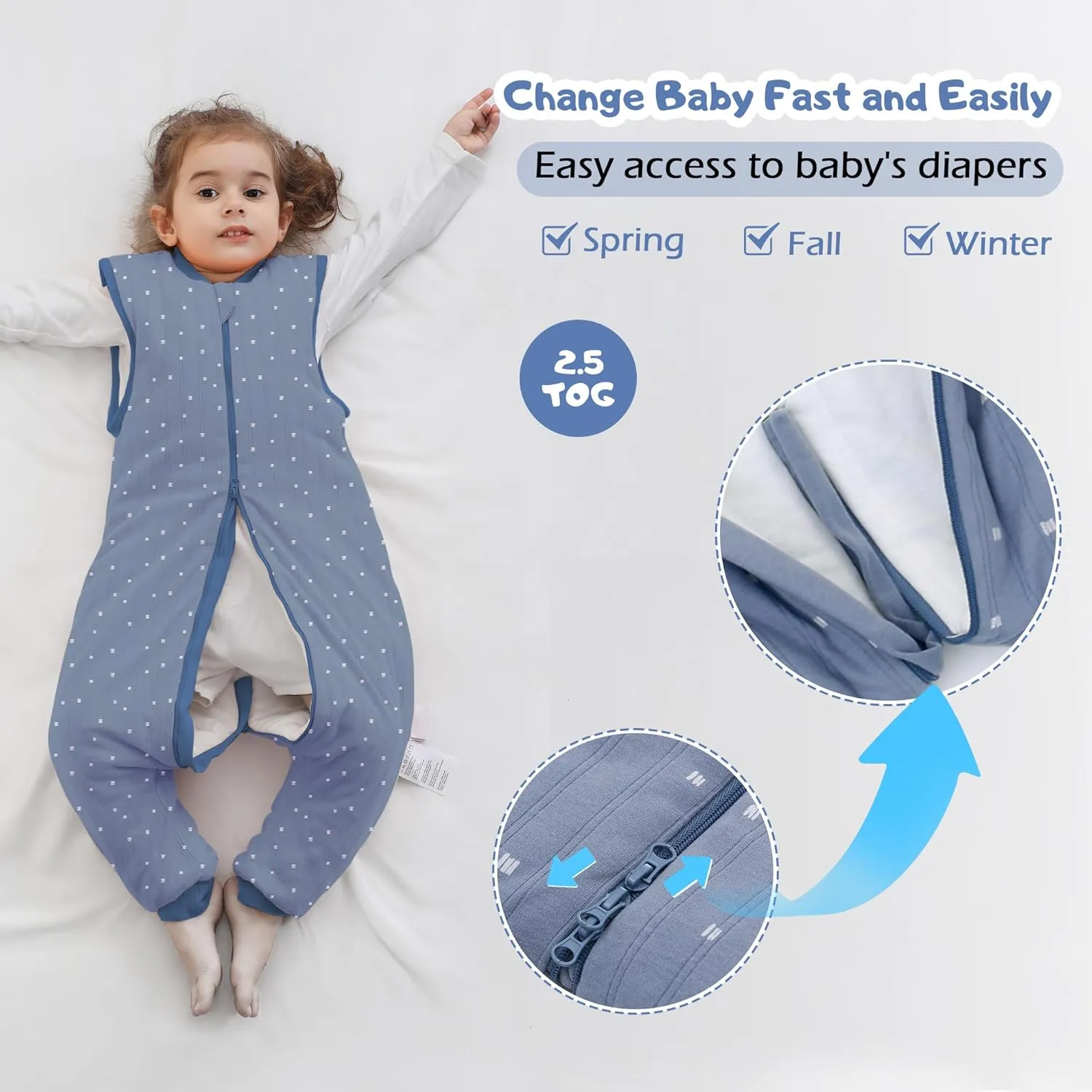 LAT Baby Sleep Bag with Feet Winter,Sleeveless Nightgowns Wearable Blanket with Legs,Warm Sack for Infant Toddler Thicken 2.5 TOG-Sleepsuit,1-6T(Blue White Stripes,S/80)