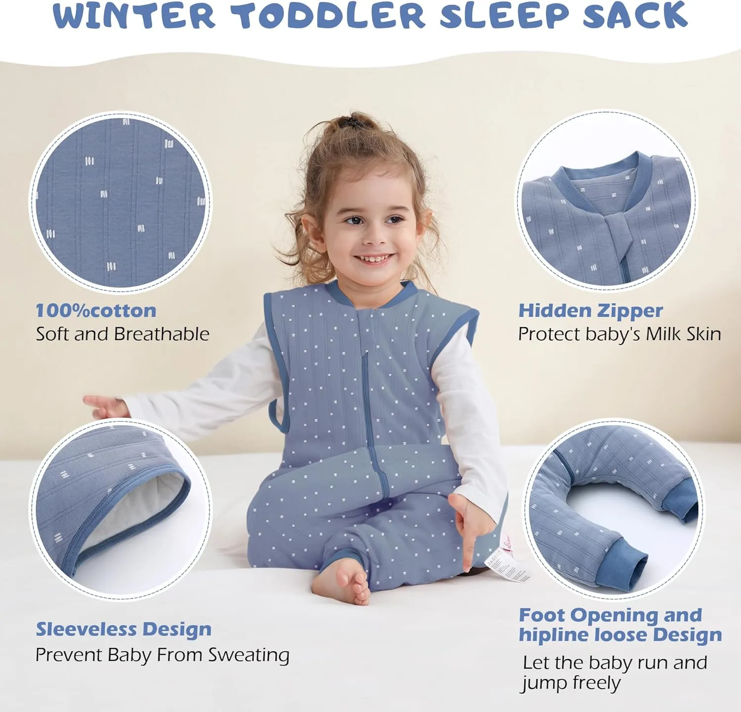 LAT Baby Sleep Bag with Feet Winter,Sleeveless Nightgowns Wearable Blanket with Legs,Warm Sack for Infant Toddler Thicken 2.5 TOG-Sleepsuit,1-6T(Blue White Stripes,S/80)