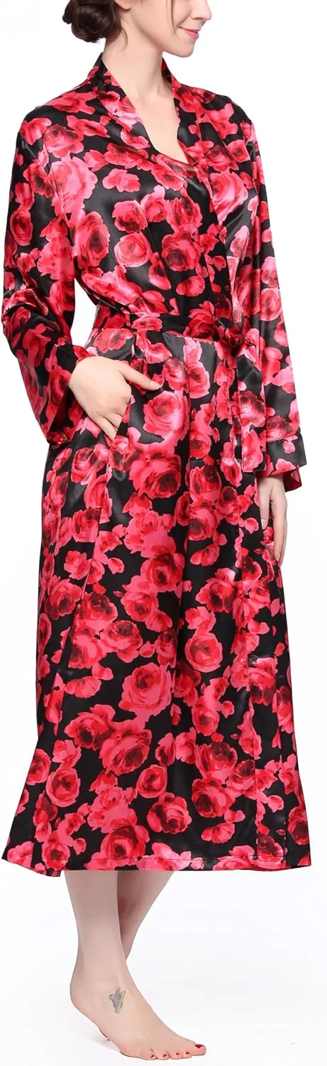 Lavenderi Women's Satin Kimono Robe - Long Classic Satin Lounge Bathrobe