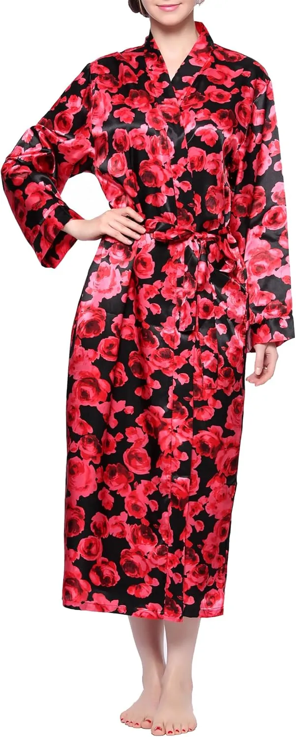 Lavenderi Women's Satin Kimono Robe - Long Classic Satin Lounge Bathrobe