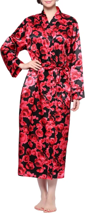 Lavenderi Women's Satin Kimono Robe - Long Classic Satin Lounge Bathrobe