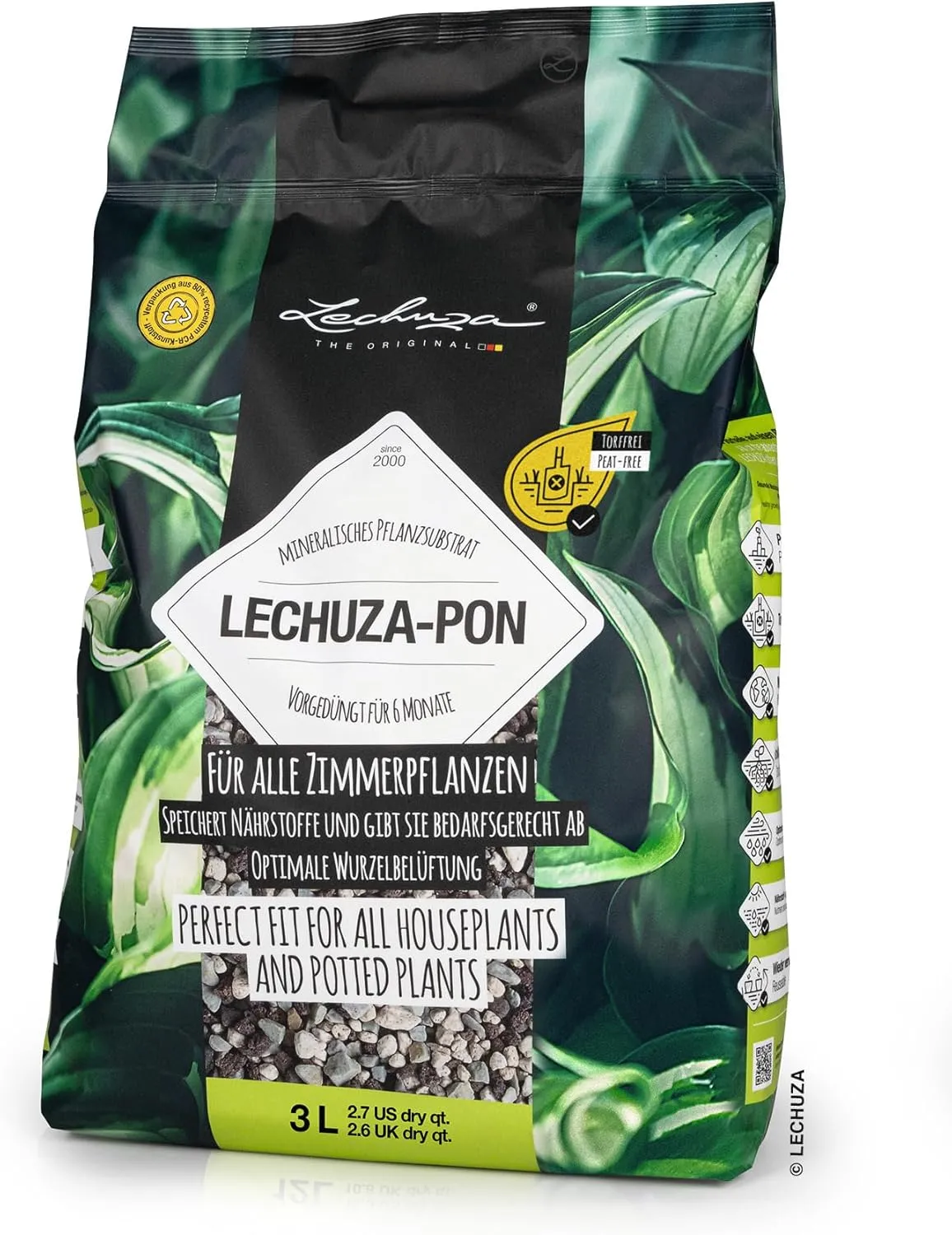 LECHUZA PON Peat-Free Houseplant Potting Mix for Indoor Plants, Cacti and Succulents Soil Potting Compost 3L