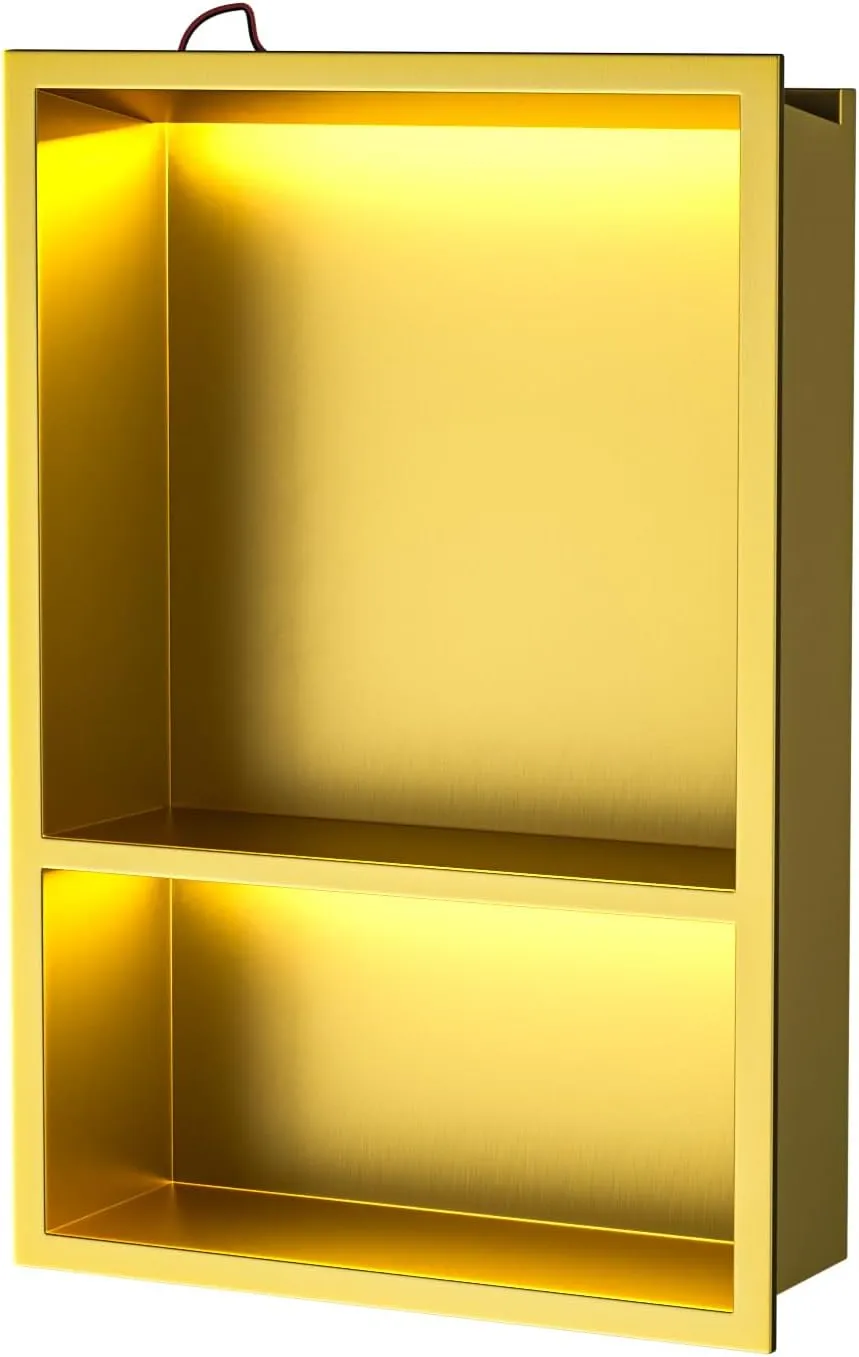 Led Shower Niche Gold 18" X 12" with Shelf 304 Stainless Steel with Light 2 Tier Shelves No Tile Needed Niche Shower for Bathroom Storage Over-Mounted Installation