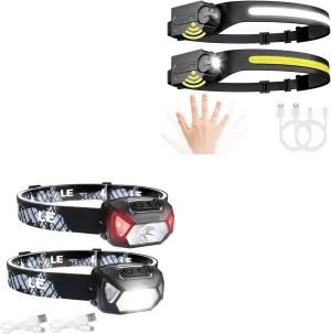 Lepro Bundle - 320014-2 LED Rechargeable Headlamp Super Bright High Lumen Head Lamp with 6 Modes and White Red Light & PR320019 Super Bright Head lamp with Motion Sensor, 230° Wide Beam & Adjustable