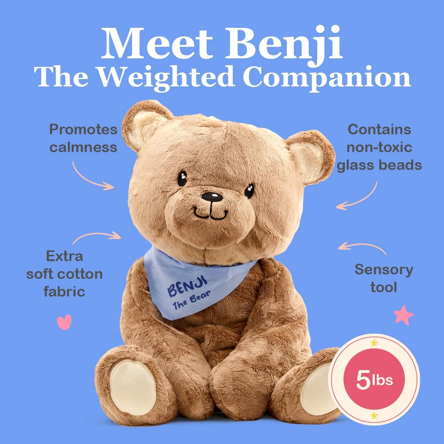 Lilly's Love Weighted Stuffed Animal, 5lb | Sensory Plush for Kids & Adults | Machine Washable Plushie w/Removable Inner | Calming Weighted Stuffed Animal for Anxiety, Benji The Bear
