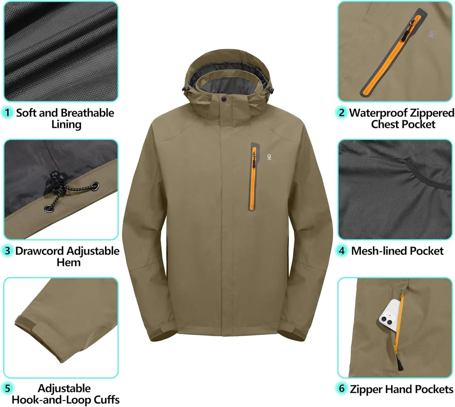 Little Donkey Andy Men's Waterproof Rain Jacket Outdoor Lightweight Hooded Raincoat for Hiking Golf Travel Fishing