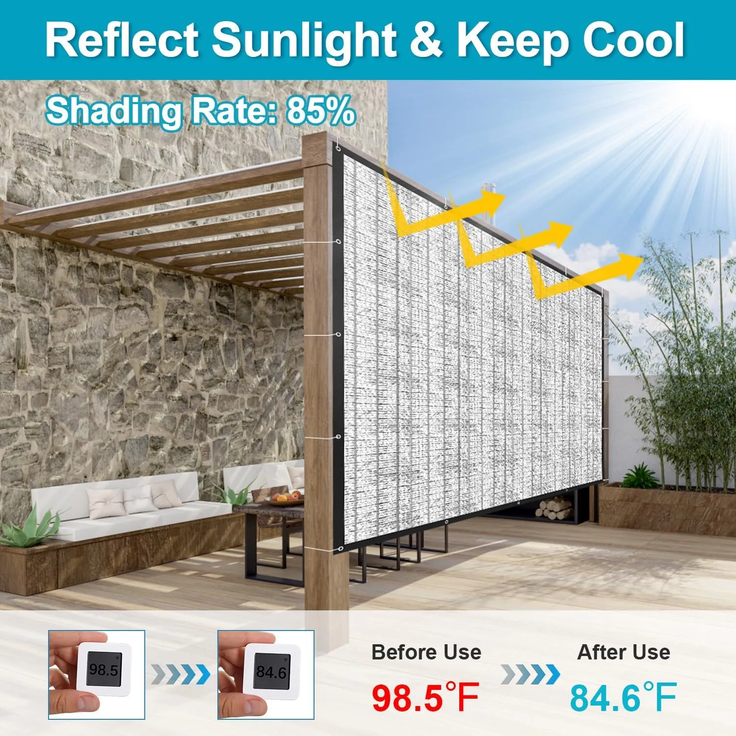 LOVE STORY 85% 8x8FT Aluminum Shade Cloth Reflective Sun Shade Cover Silver Tarp with Grommets for Car Garden Patio Kennel