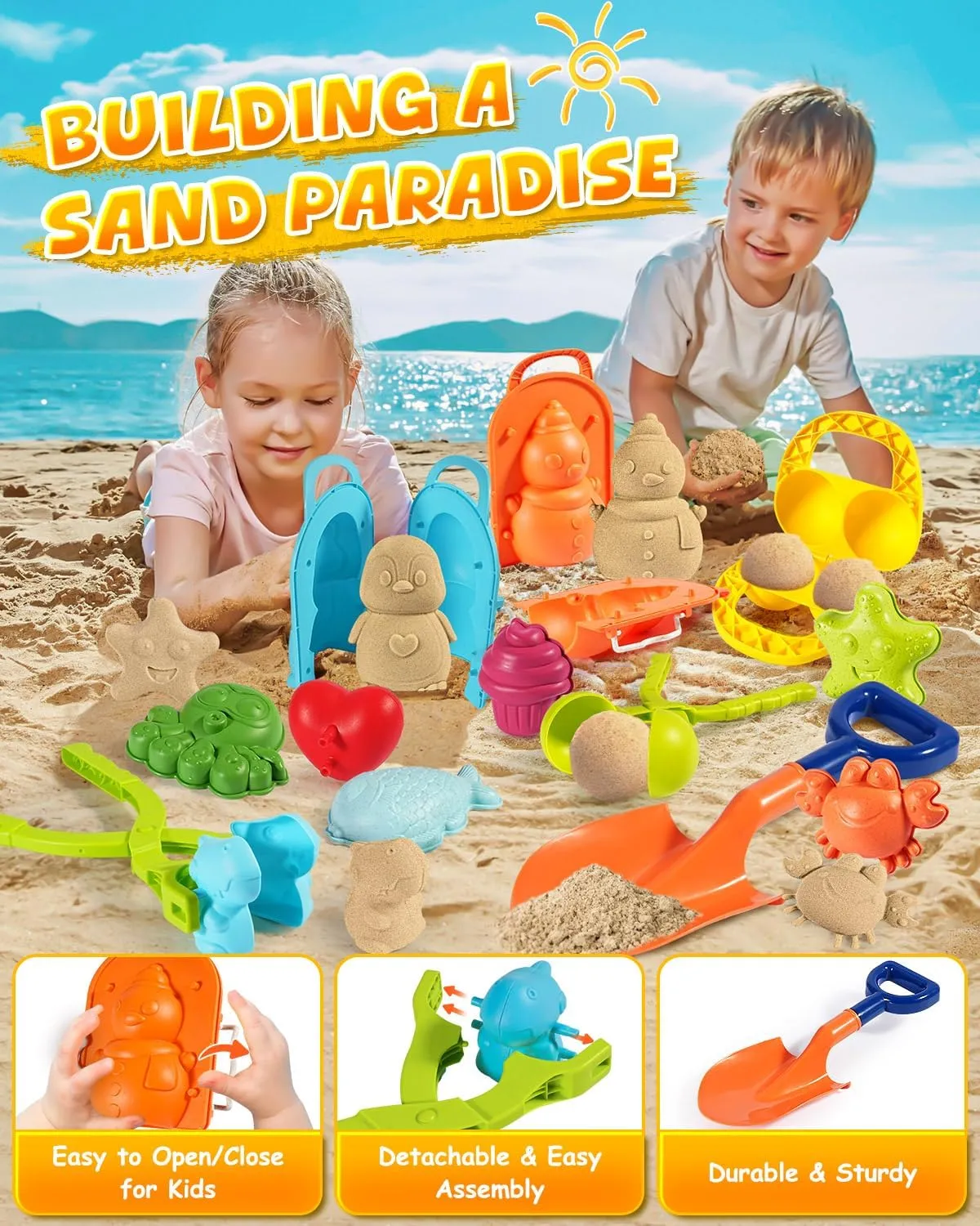 LQYoyz 18 Pack Beach Toys Set for Kids, Sand Toys Set for Kids 4-12 with Mesh Bag & Sand Molds, Travel Sand Toys for Beach, Sandbox Toys for Toddlers Kids Age 3-10