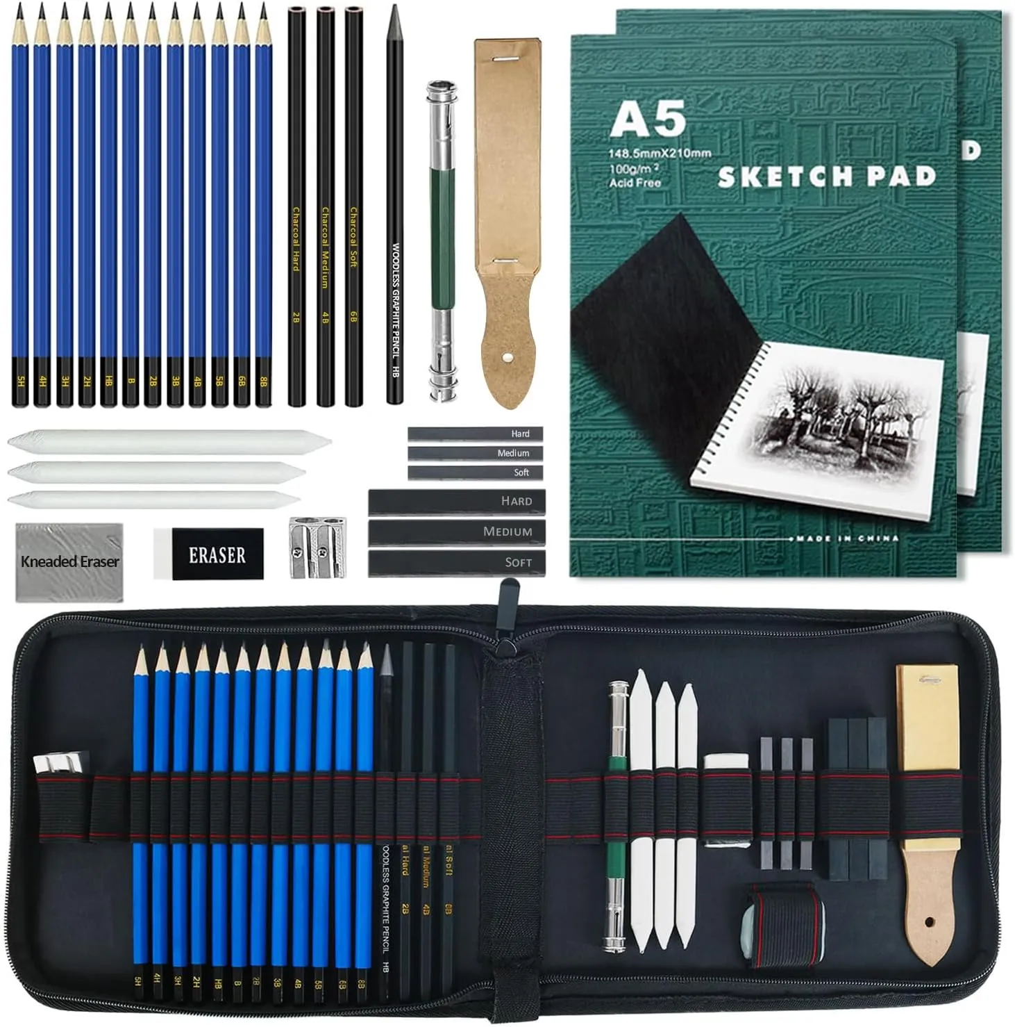 LUCYCAZ Drawing Set Sketch Kit with Sketching, Graphite and Charcoal Pencils, Pro Art Drawing Kit for Adults Teens Beginners Kids