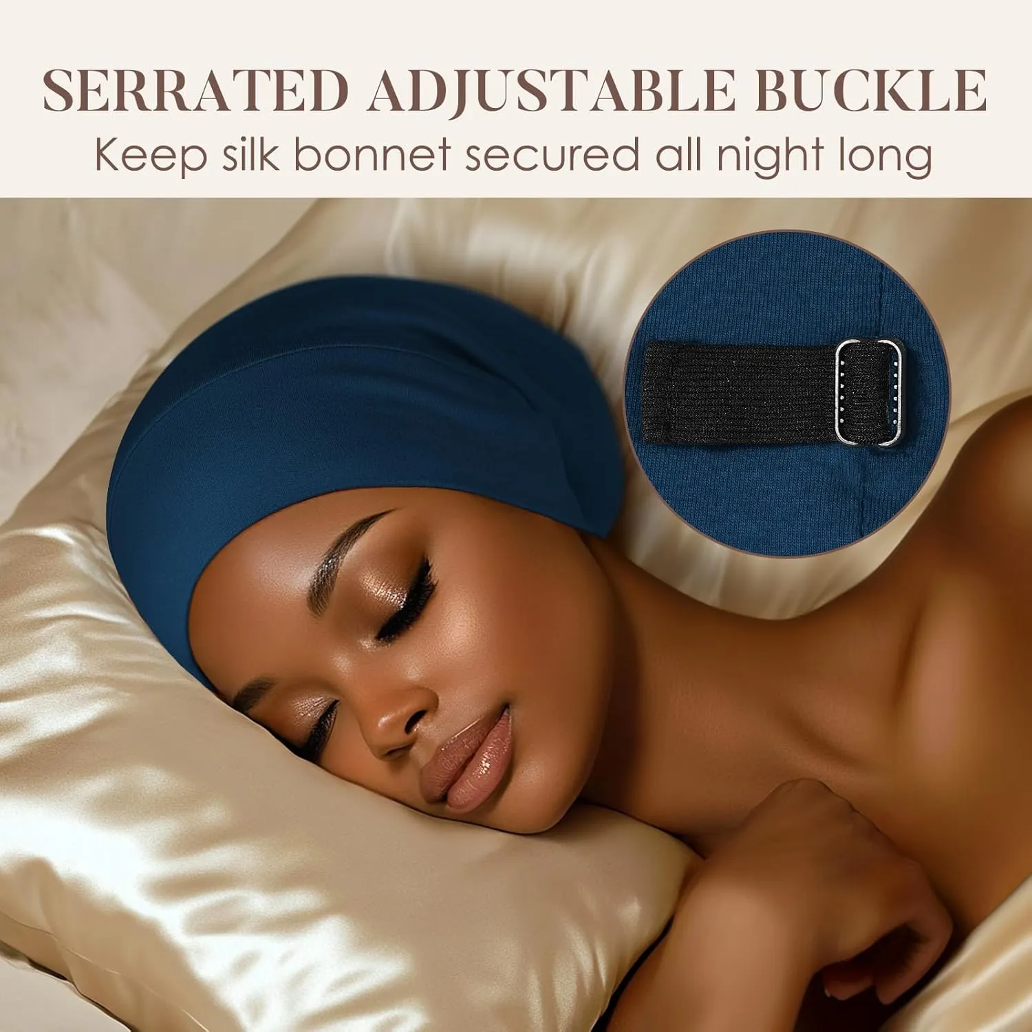 LULUSILK Mulberry Silk Lined Sleep Cap, No More Frizzy Tangled Hair, Stay On All Night Silk Hair Wrap for Sleeping with Adjustable Strap, Silk Bonnet for Women and Men, Bijou Blue, Pack of 1